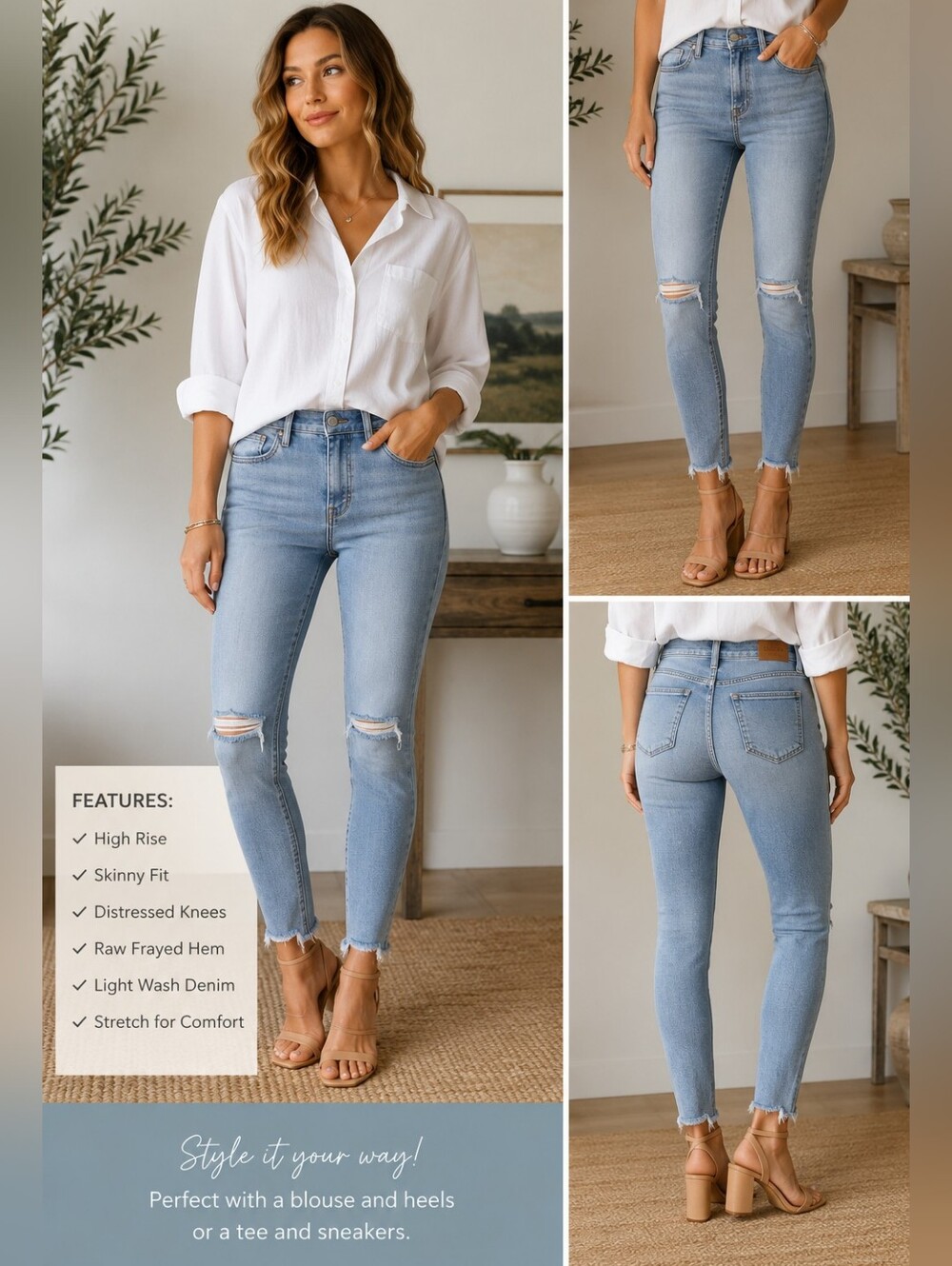 Hidden Size 27 High Rise Distressed Skinny Jeans Light Wash Raw Hem Stretch